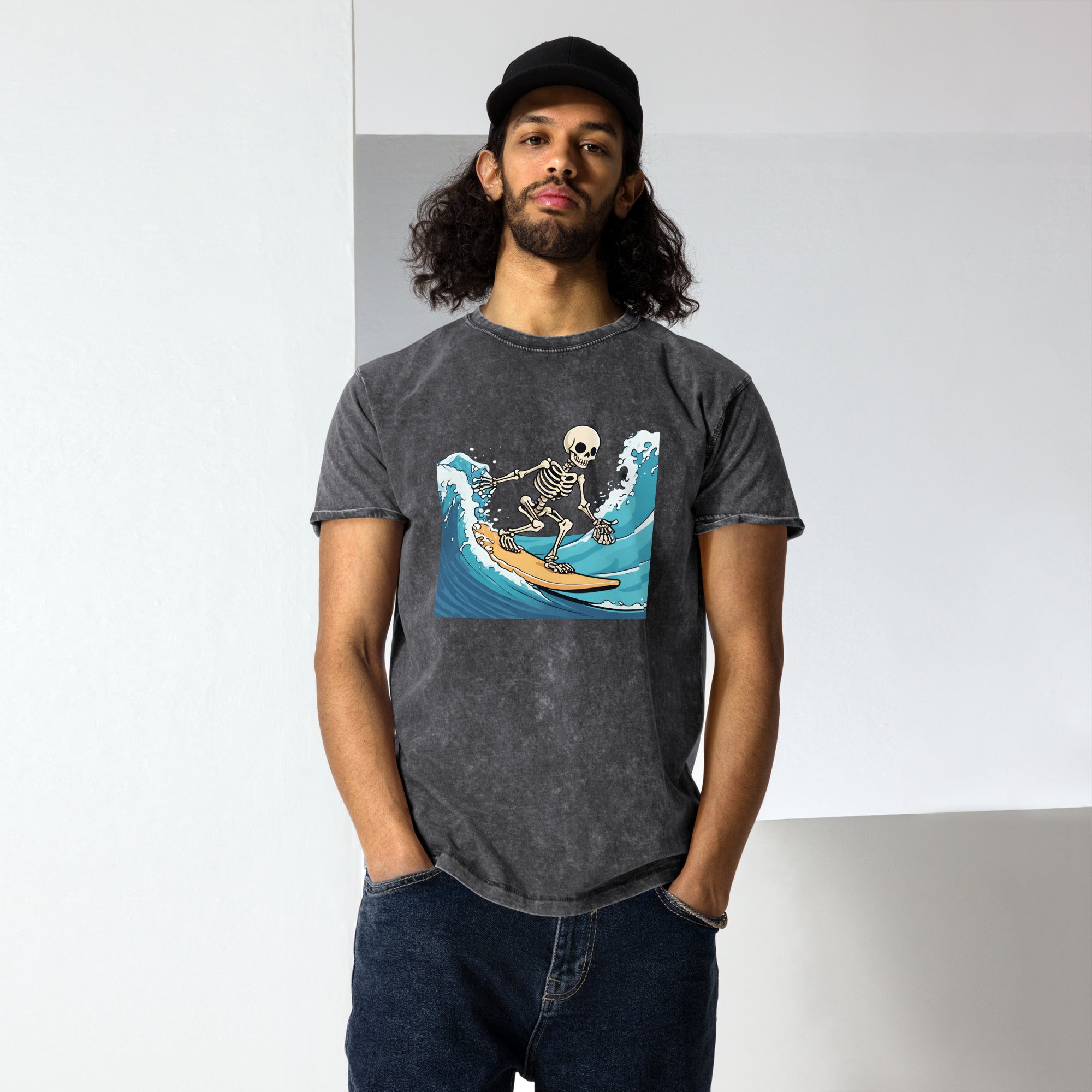 Surfing Skeleton Denim T-Shirt