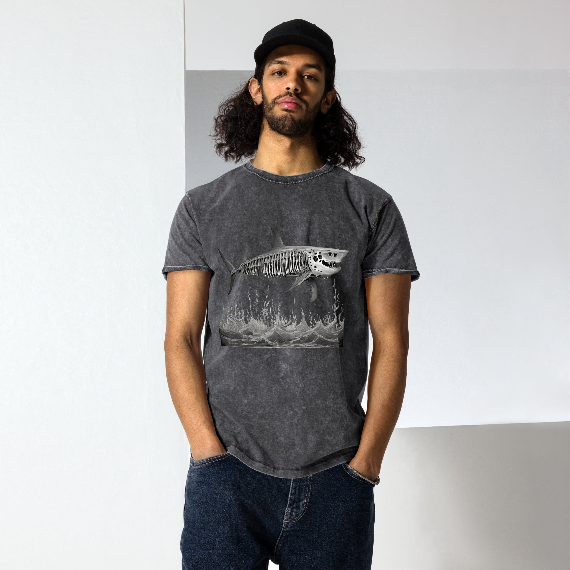 Skeleton Shark Denim T-Shirt