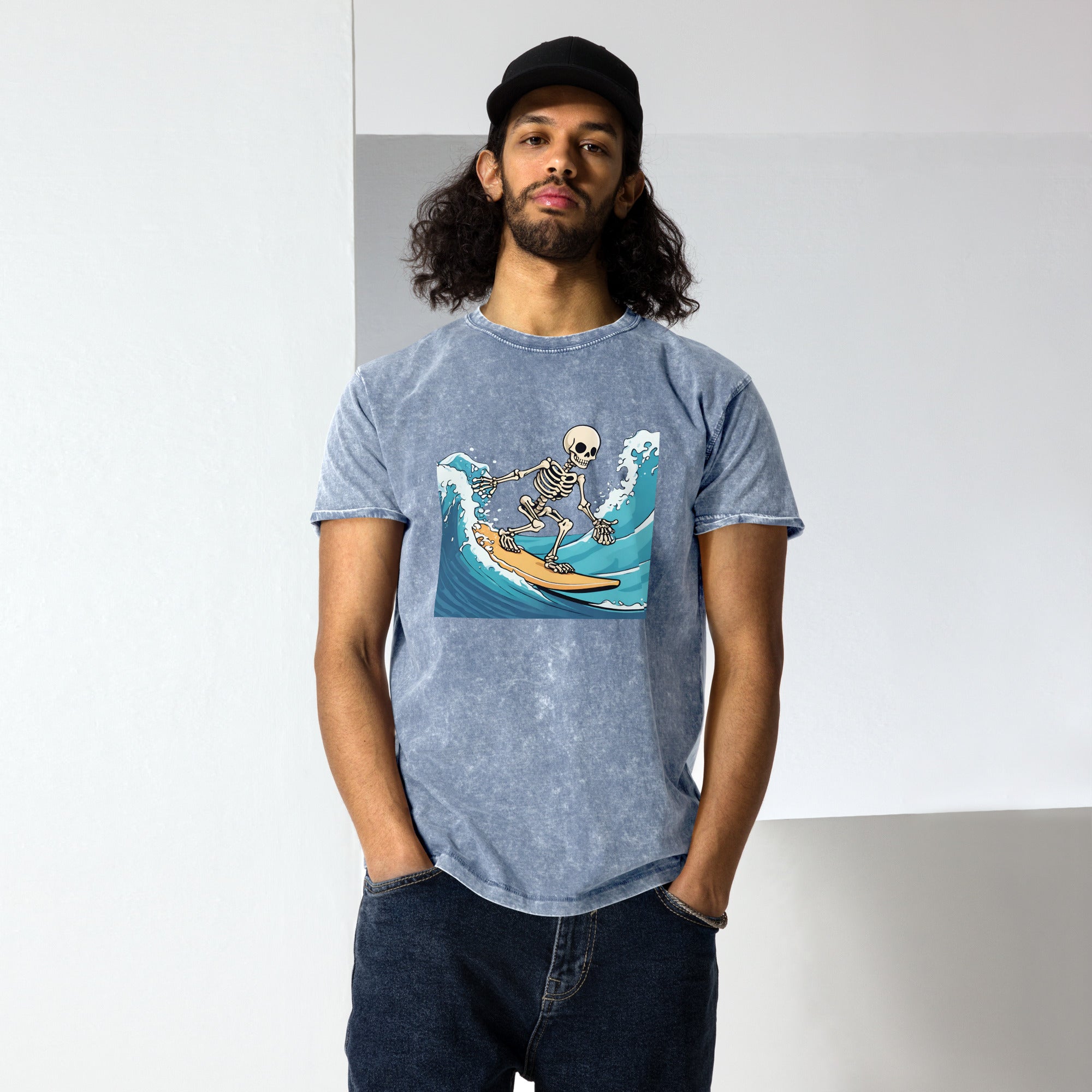 Surfing Skeleton Denim T-Shirt