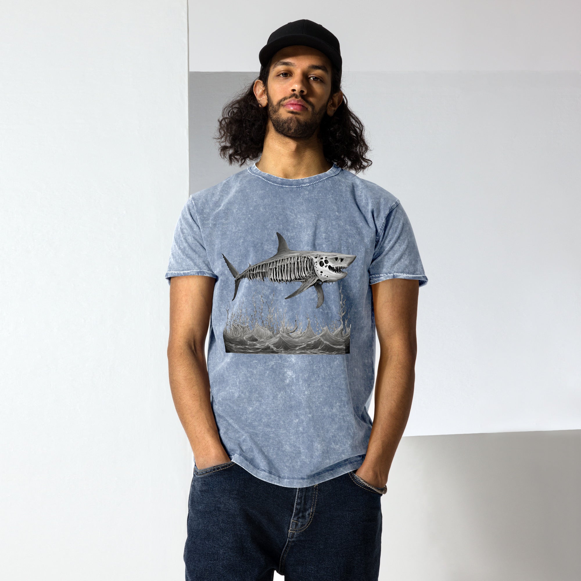 Skeleton Shark Denim T-Shirt