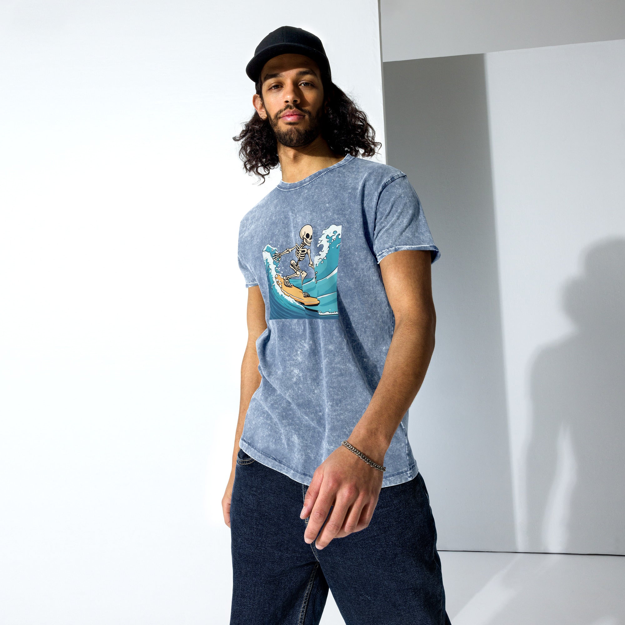 Surfing Skeleton Denim T-Shirt