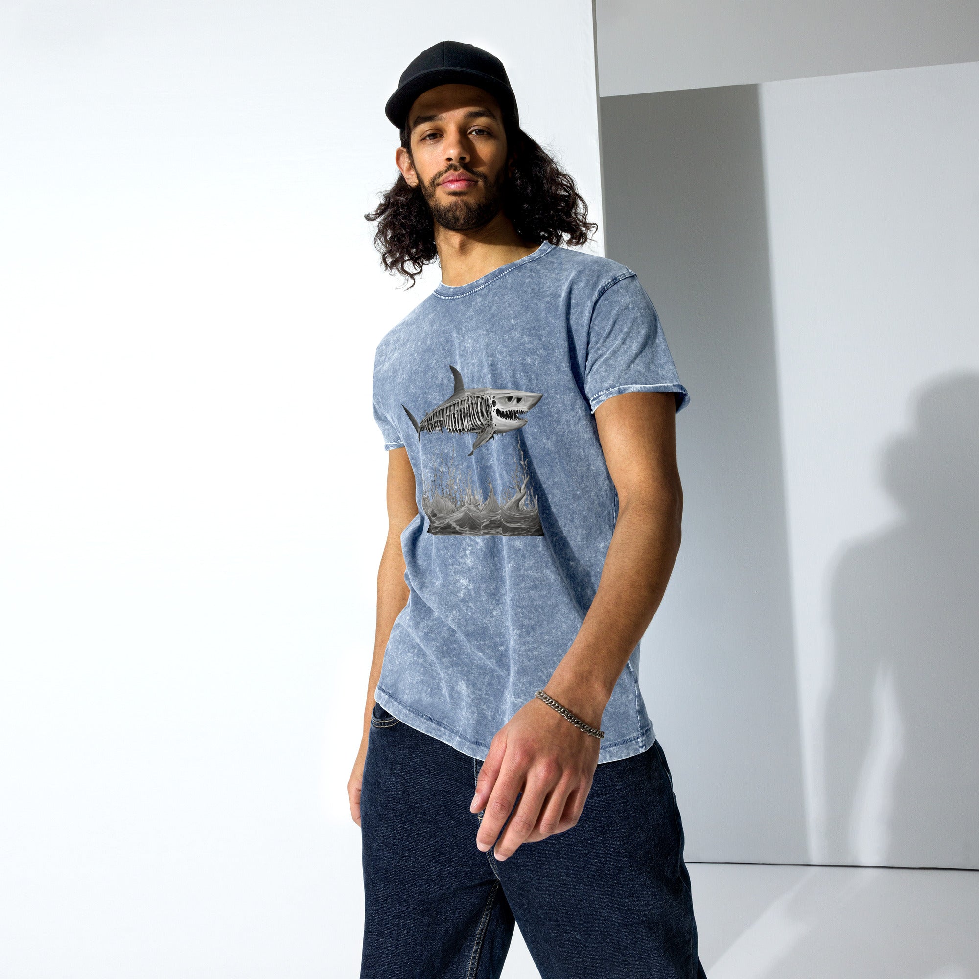 Skeleton Shark Denim T-Shirt