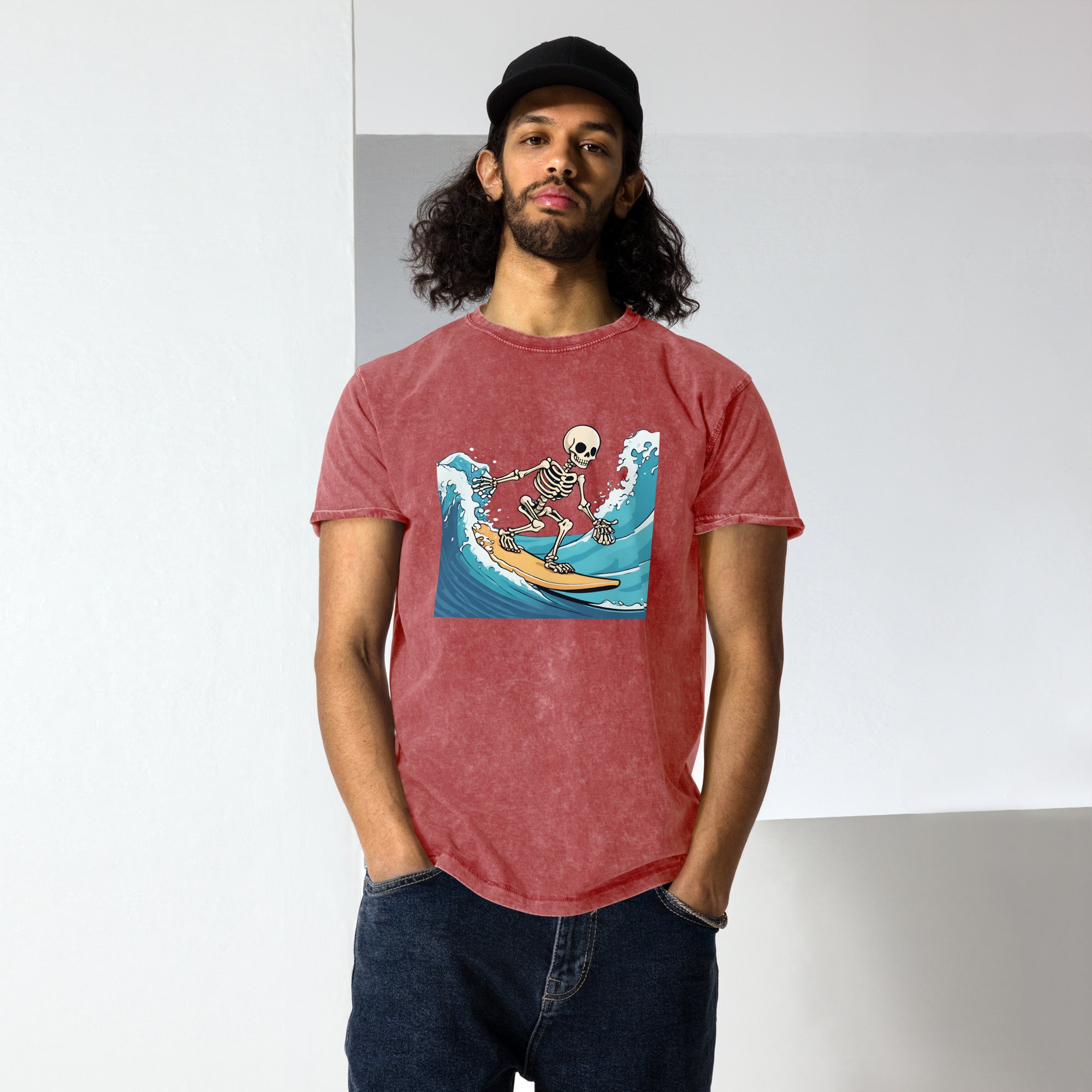 Surfing Skeleton Denim T-Shirt