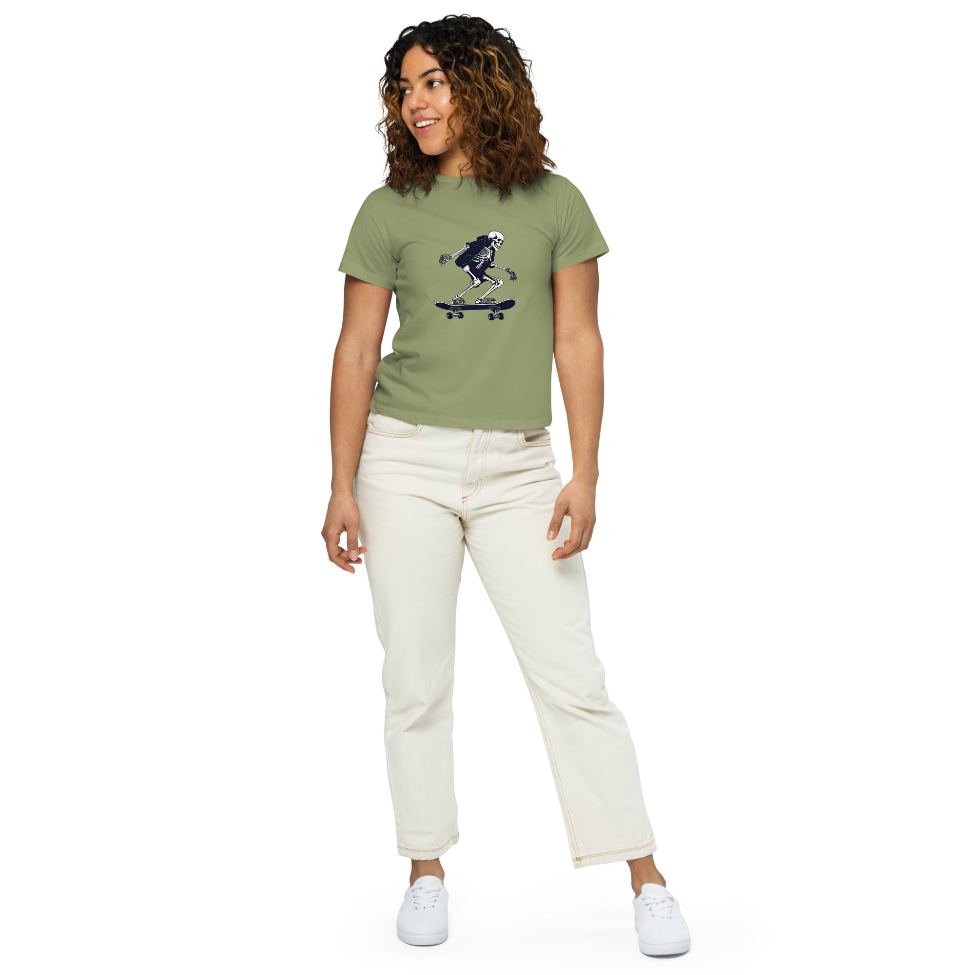 Skateboarding Skeleton Women’s High-Waisted T-Shirt