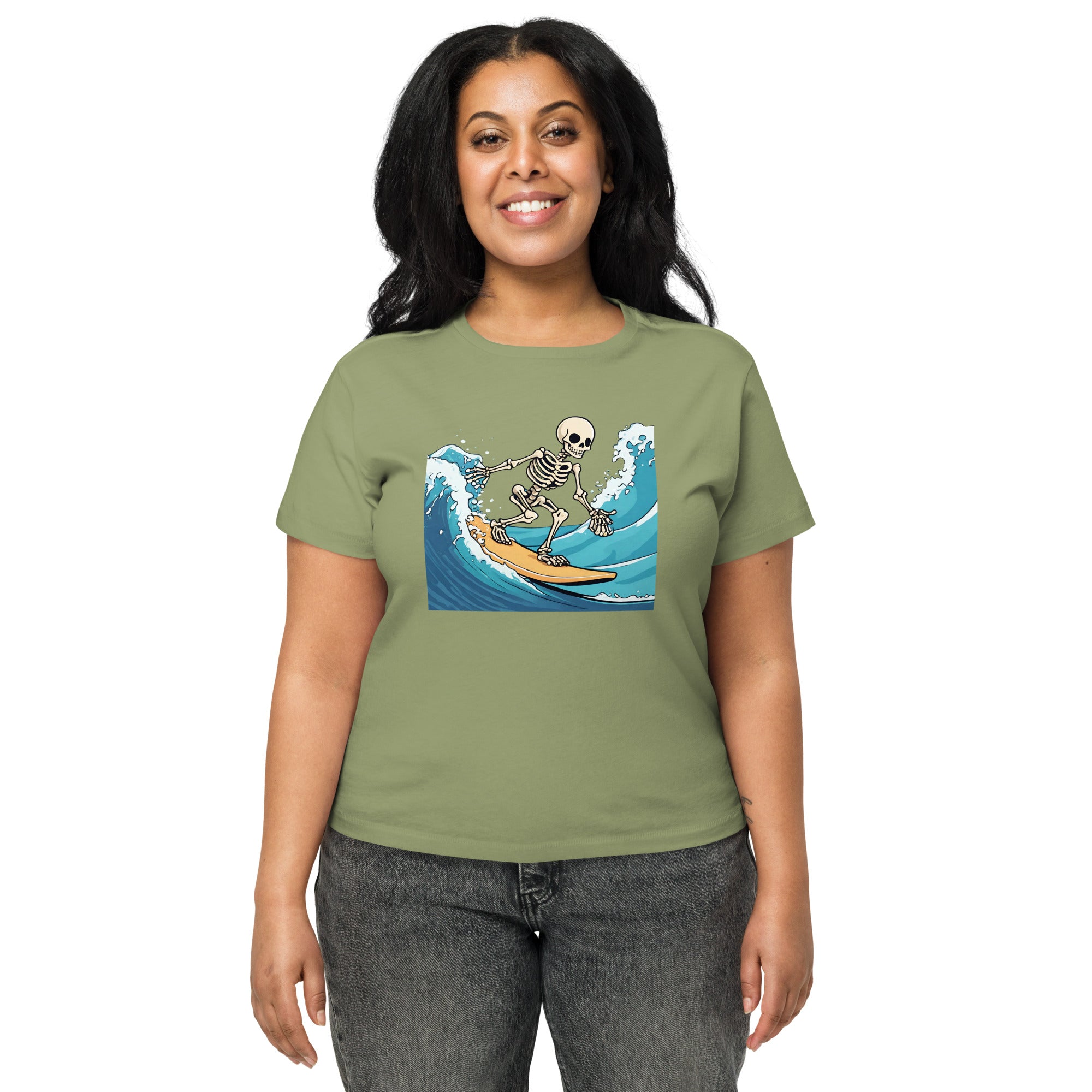 Surfing Skeleton Women’s High-Waisted T-Shirt