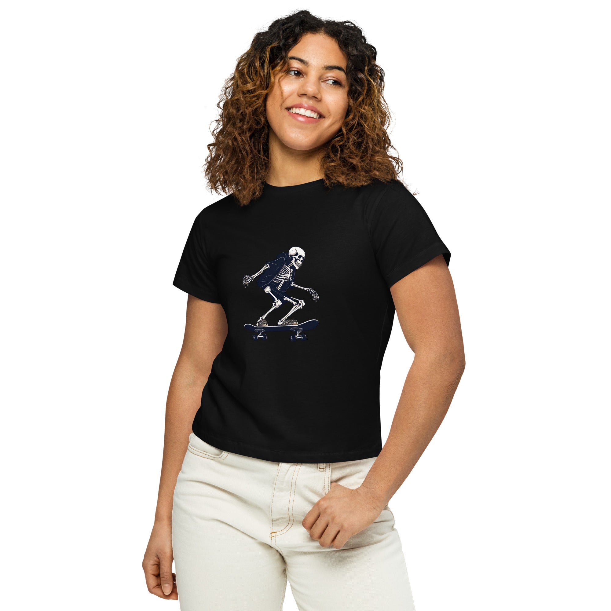 Skateboarding Skeleton Women’s High-Waisted T-Shirt