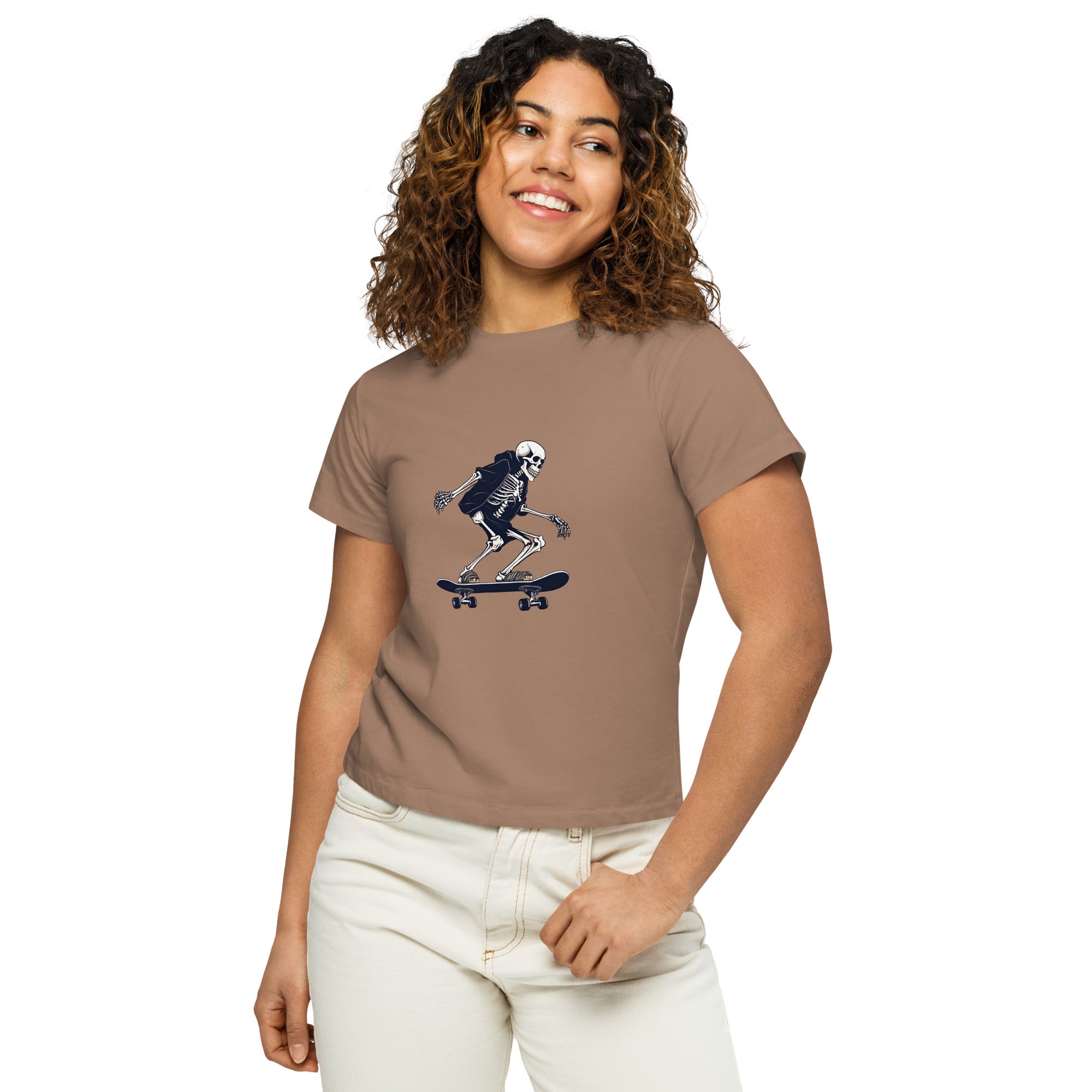 Skateboarding Skeleton Women’s High-Waisted T-Shirt