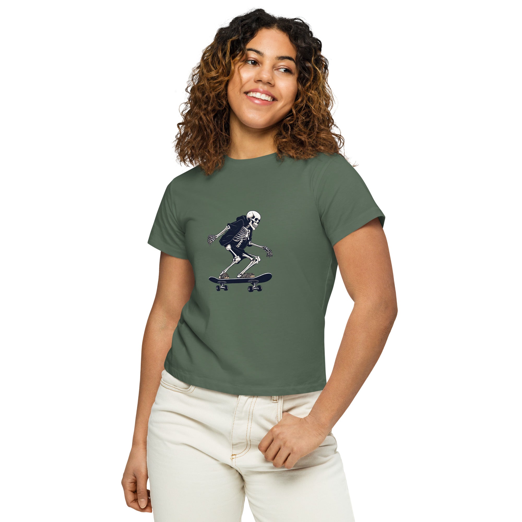 Skateboarding Skeleton Women’s High-Waisted T-Shirt