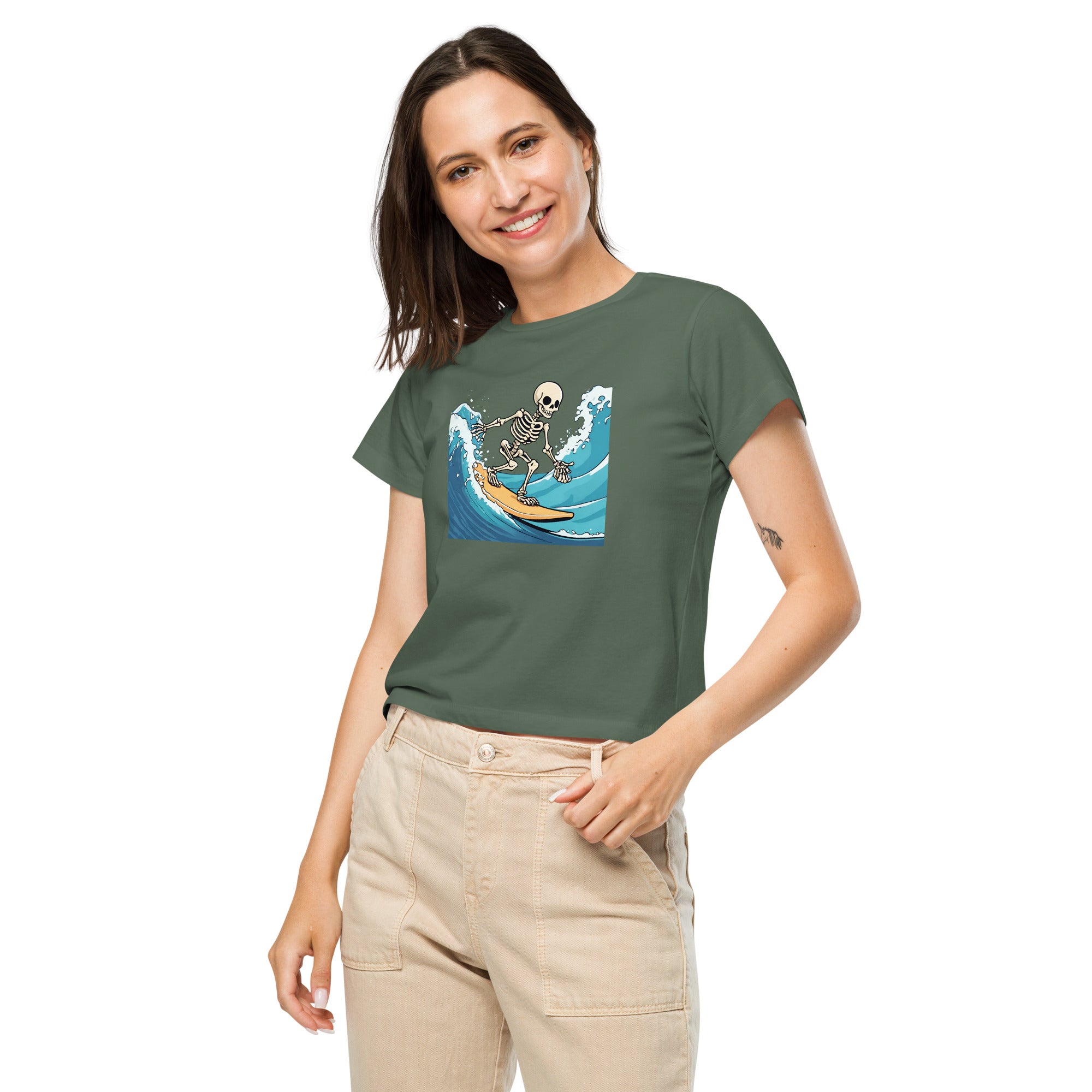 Surfing Skeleton Women’s High-Waisted T-Shirt