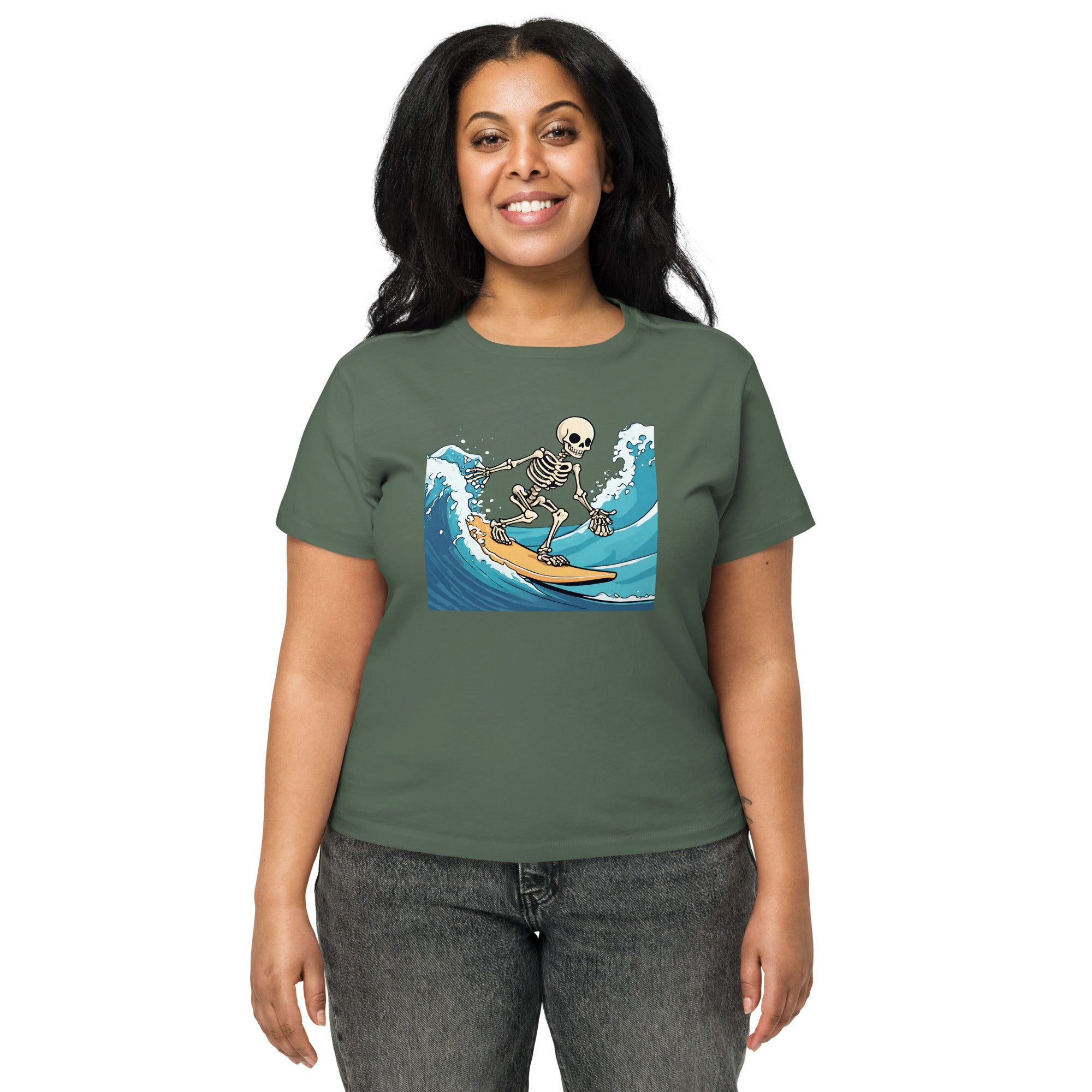 Surfing Skeleton Women’s High-Waisted T-Shirt