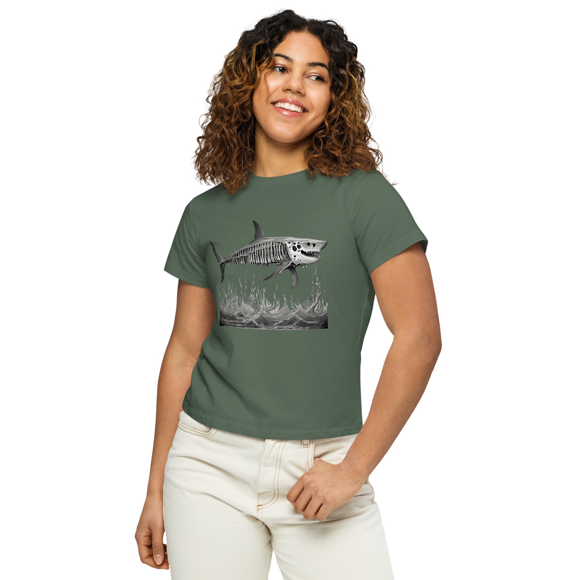 Skeleton Shark Women’s High-Waisted T-Shirt