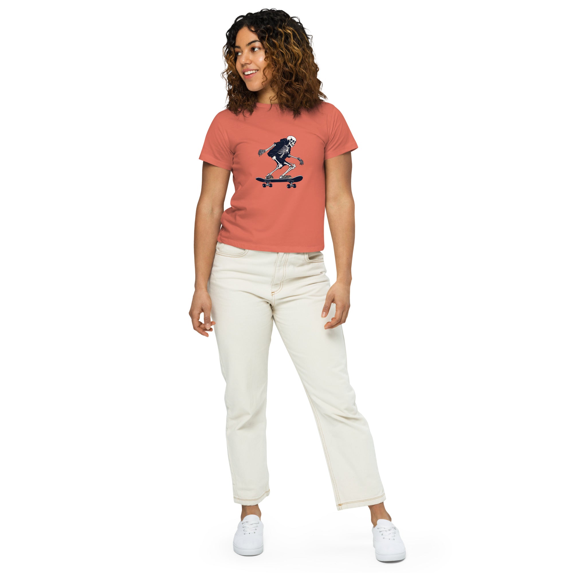 Skateboarding Skeleton Women’s High-Waisted T-Shirt