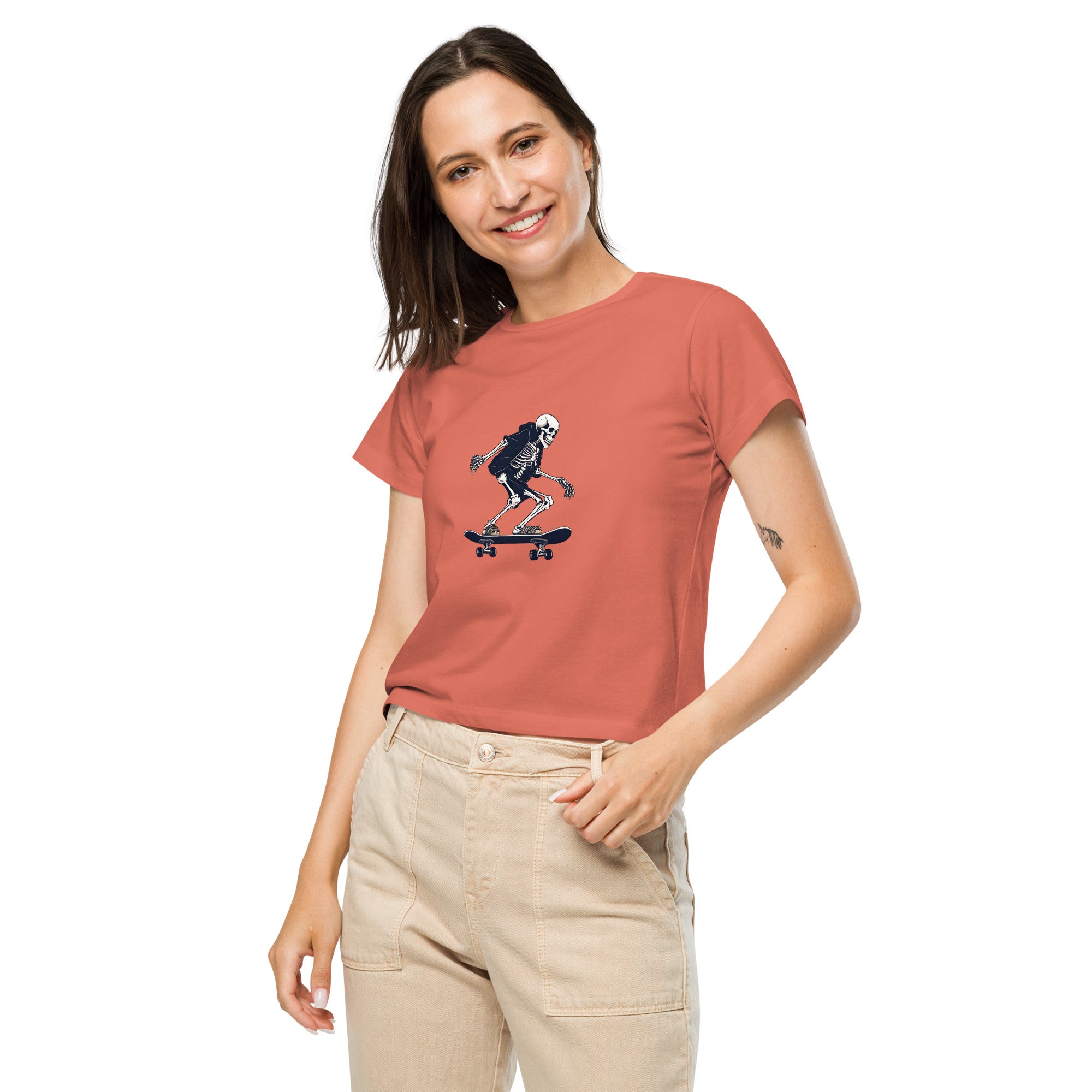 Skateboarding Skeleton Women’s High-Waisted T-Shirt